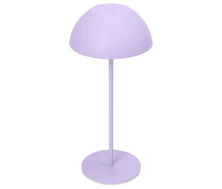Fialová stojacia lampa s okrúhlym tienidlom na bielom pozadí.