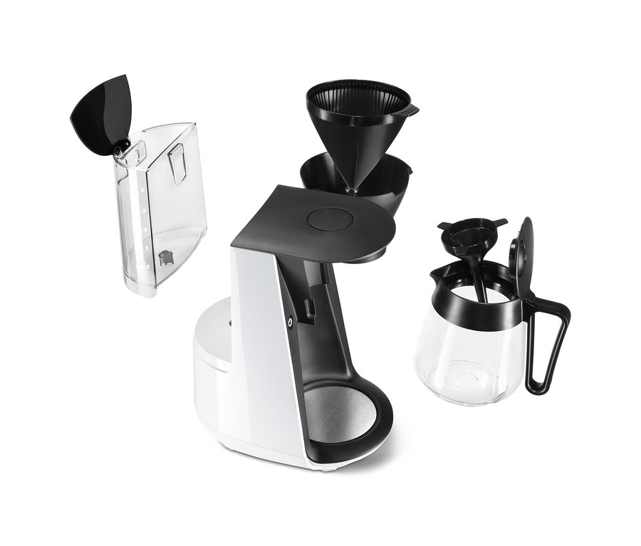Biely kávovar na prekvapkávanú kávu »Let's Brew« s odnímateľnými komponentmi.