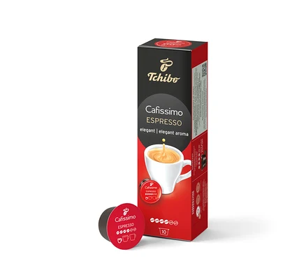 Balenie Cafissimo Espresso elegant - 10 kapsúl stojí vedľa jednej kapsuly.