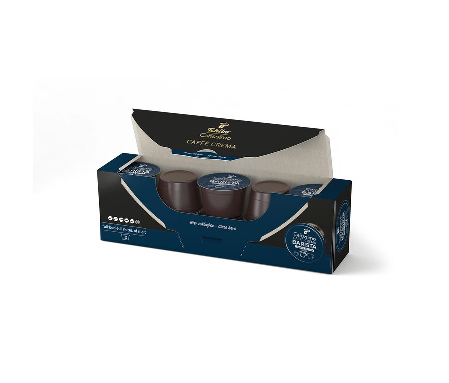 Otvorená tmavomodrá škatuľka s 10 kávovými kapsulami Cafissimo BARISTA Caffè Crema India, ukazujúca tmavohnedé kapsuly.