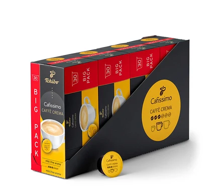 Balenie 120 kapsúl Caffè Crema jemná v čierno-červeno-žltom obale. Jedna kapsula leží pred obalom.