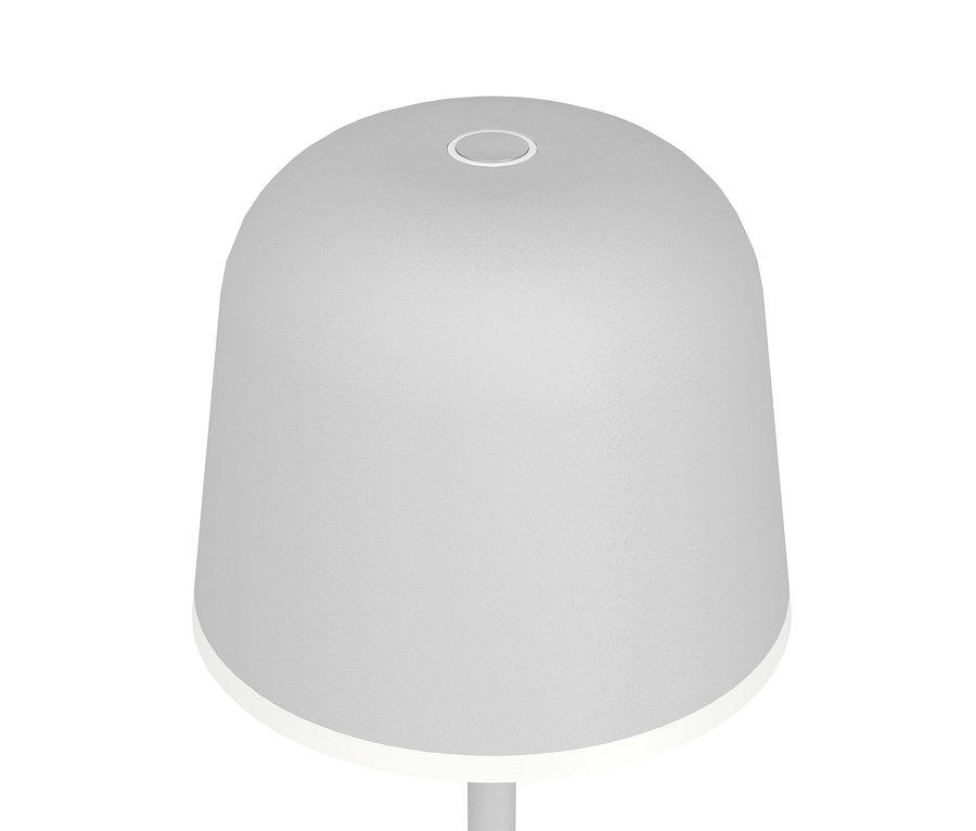 Svetlosivá akumulátorová LED stolová lampa Eglo s kónickým tienidlom, svietiaca zdola a s oválnym tlačidlom navrchu.