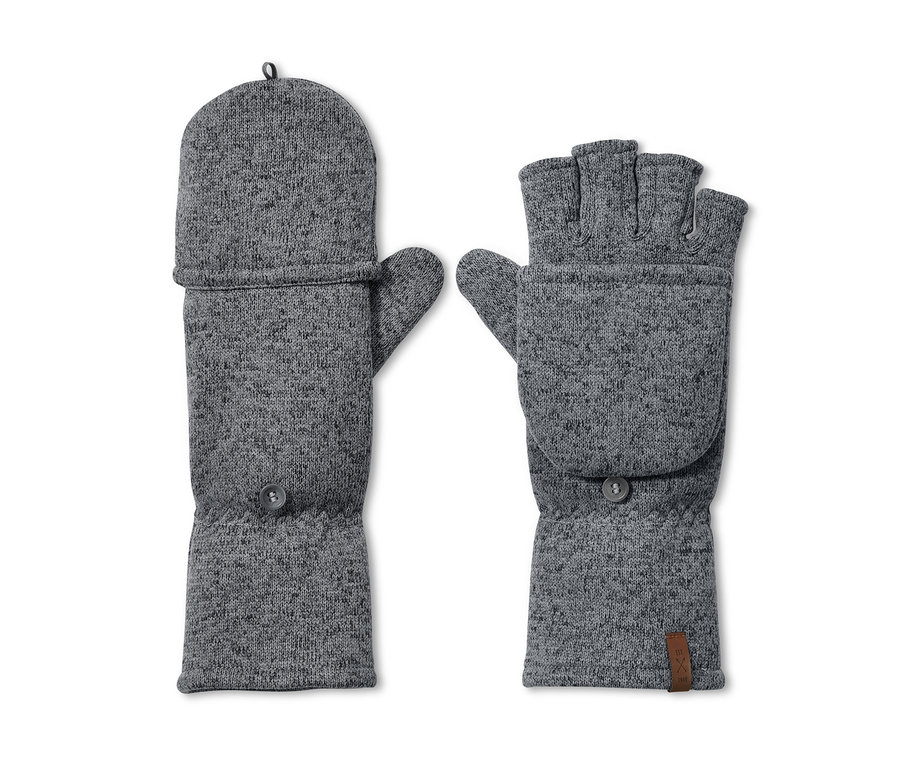 Dve sivé odklápacie palčiaky z pleteného flísu ležia vedľa seba na bielom pozadí.