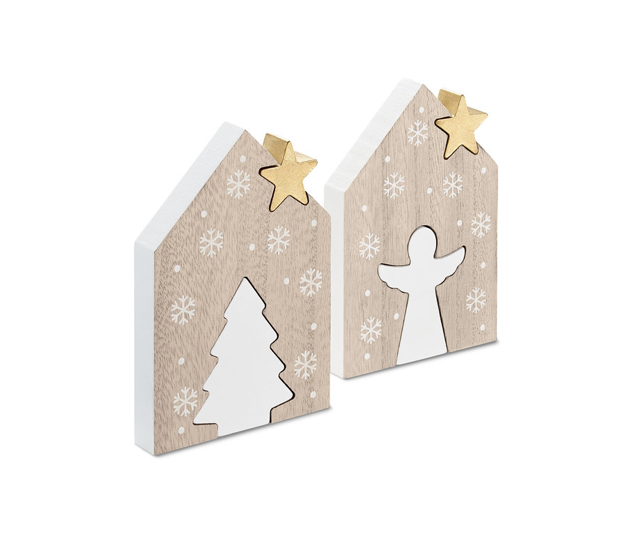 Dva ozdobné drevené domčeky s hviezdou, jeden s motívom stromčeka a druhý s motívom anjela.