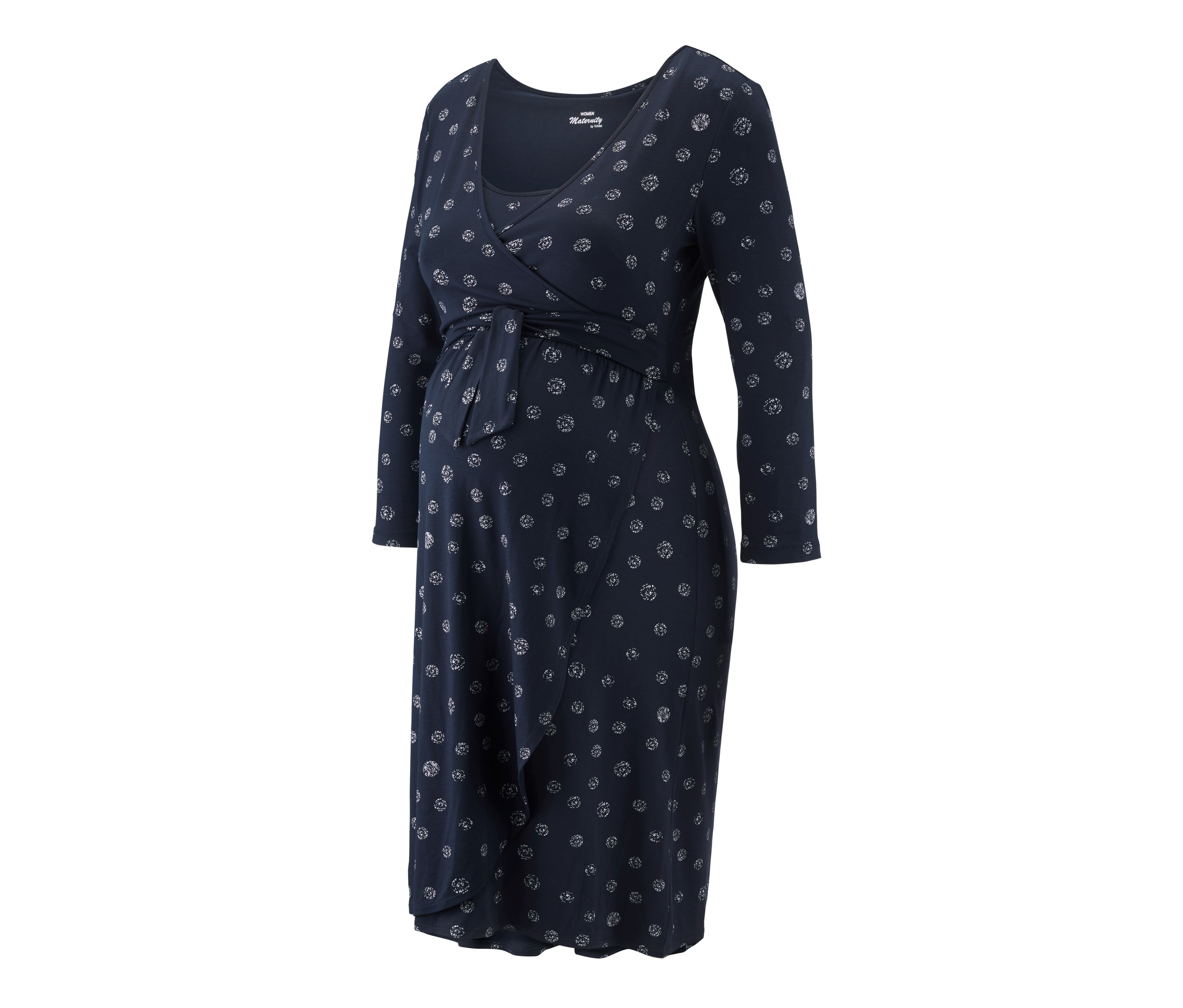 Tmavo modré tehotenské šaty s kvetinovým vzorom a zavinovacím vzhľadom.