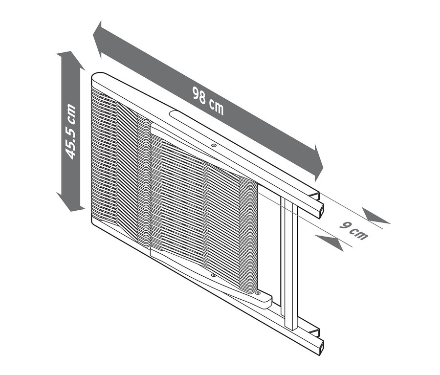 Ilustrácia zloženej stoličky »Lenja« s textilným výpletom a rozmermi 45,5 cm, 98 cm a 9 cm.