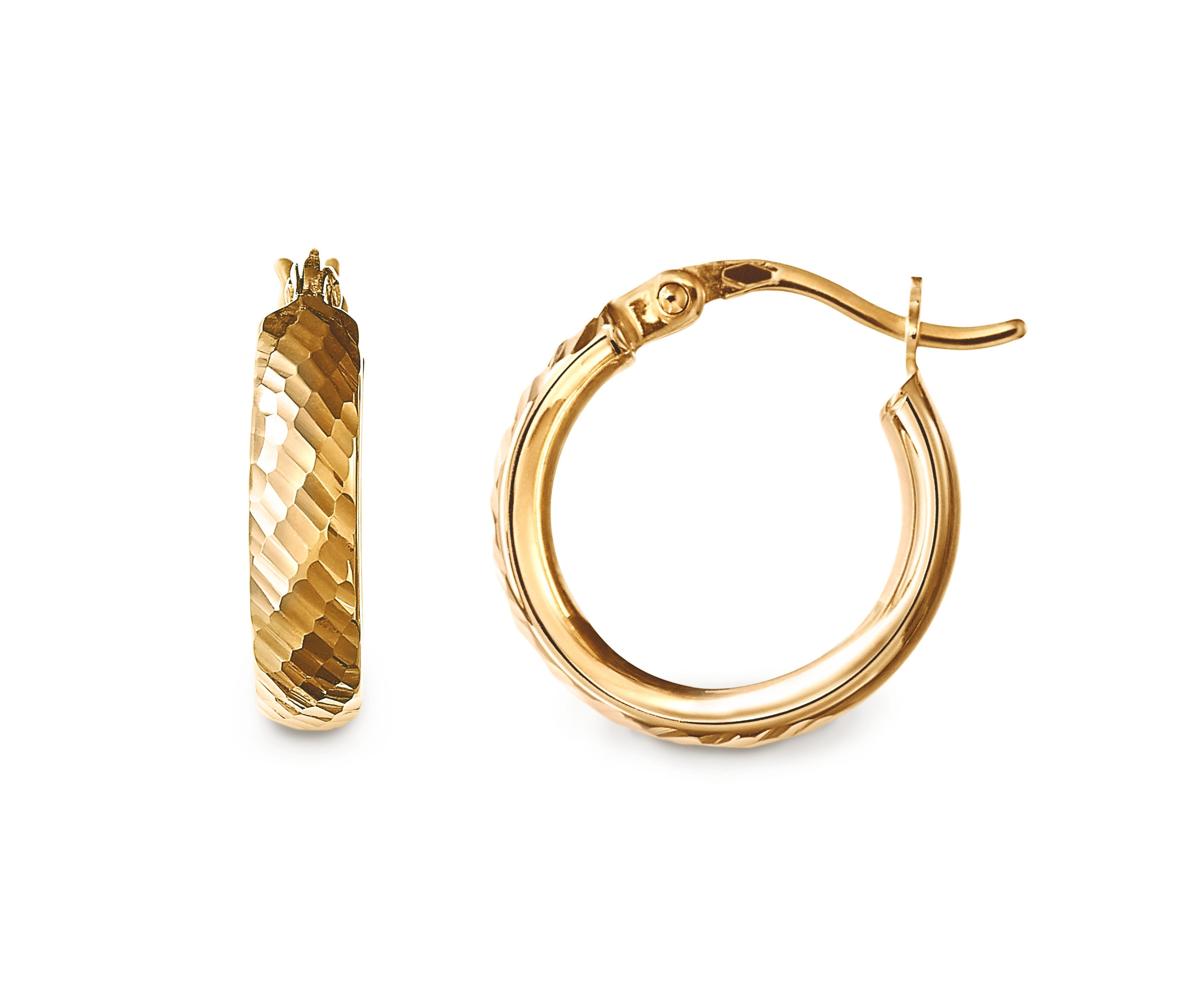 Dvoje zlaté náušnice kreoly s diamantovaným povrchom.