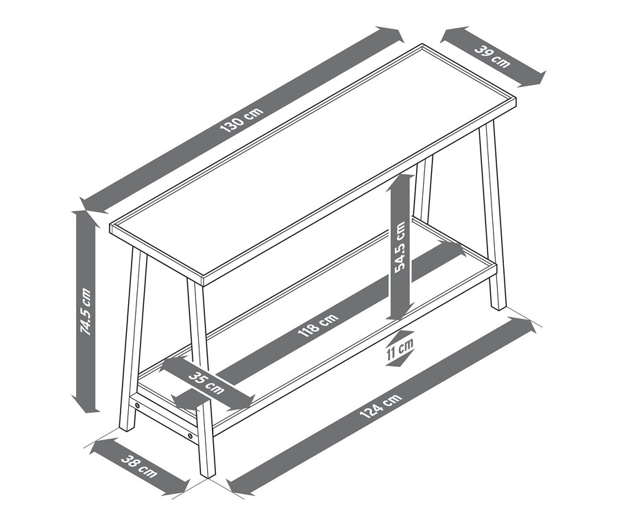 Rozmery konozolového stolíka s 2 odkladacími plochami sú zobrazené pomocou šípok.