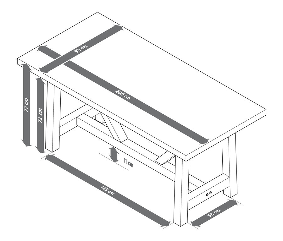 Nákres jedálenského stola s betónovou stolovou doskou a rozmermi.