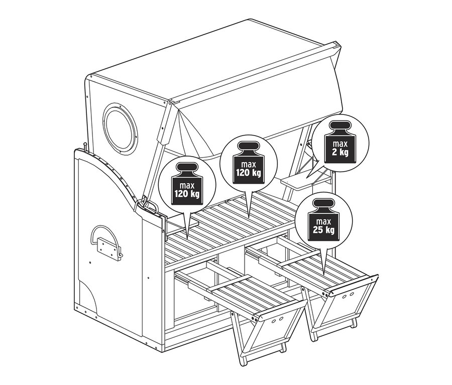 Nákres plážového koša XL prémiovej kvality s 2 výklopnými stolíkmi.