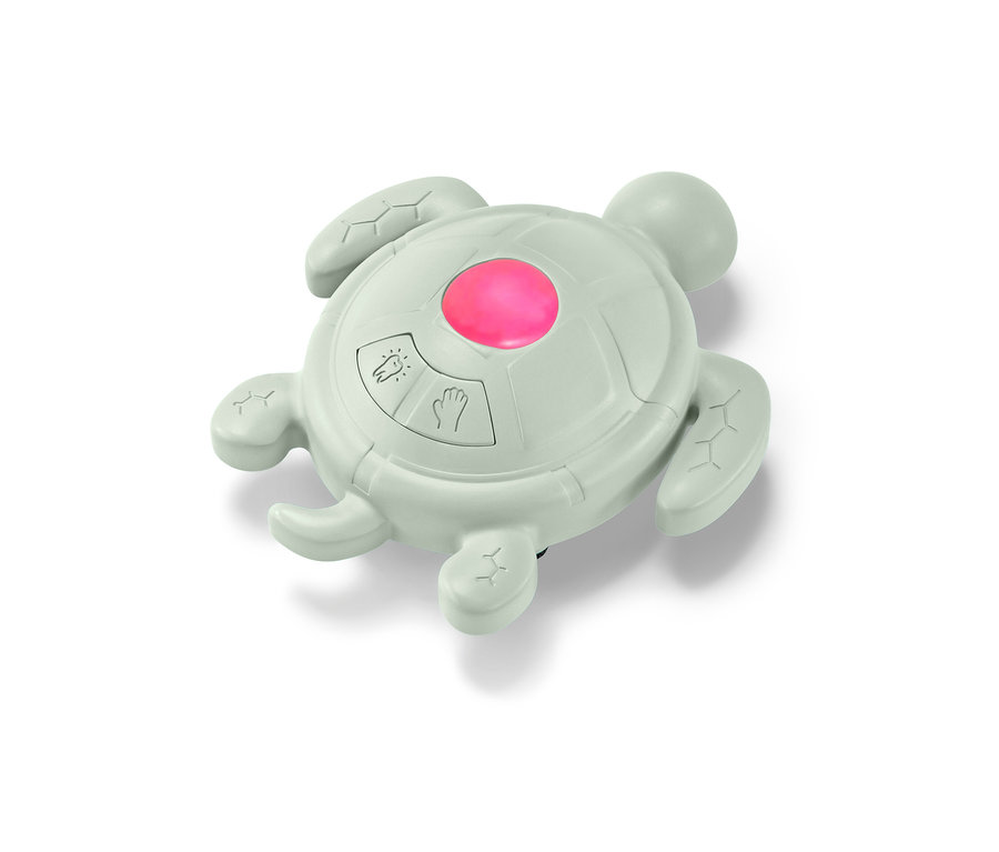 Sivý časovač umývania rúk a zubov v tvare korytnačky s ružovým svetlom v strede.