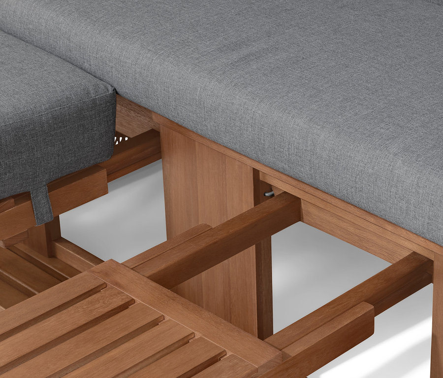 Detail plážového koša XL prémiovej kvality s 2 výklopnými stolíkmi a sivými vankúšmi.