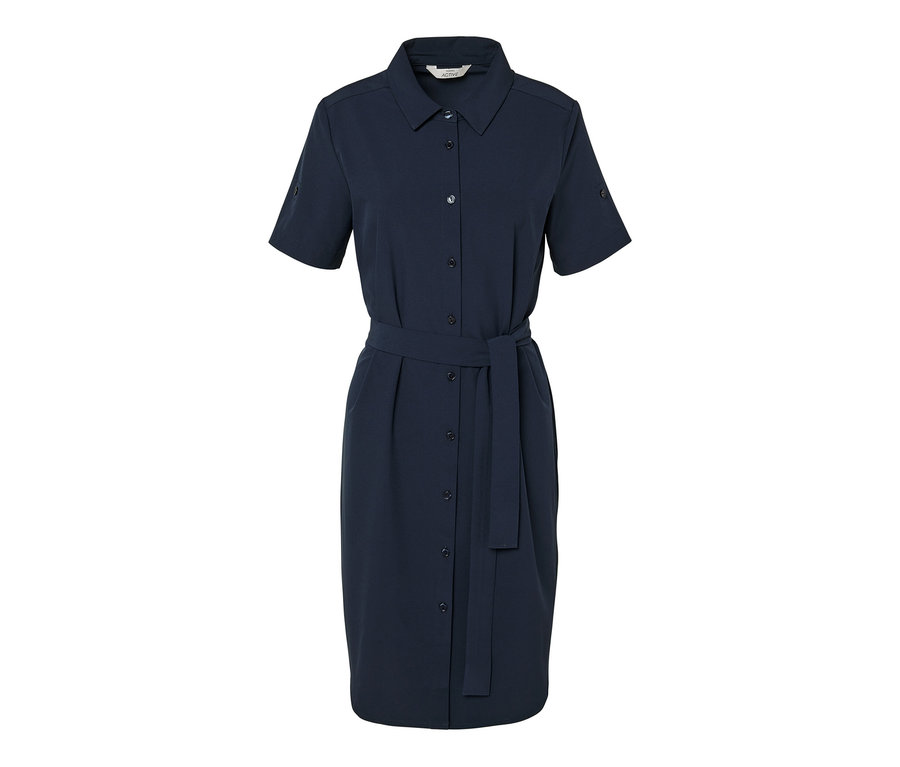 Tmavo modré funkčné šaty s krátkymi rukávmi a opaskom.