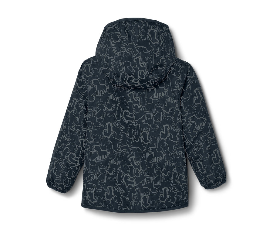 Pohľad zozadu na detskú termo bundu do dažďa s reflexnými prvkami, s kapucňou a potlačou zvierat.