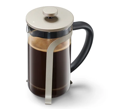 Kanvica french press 800 ml, 6 šálok, farby šampanského stojí na bielom pozadí.