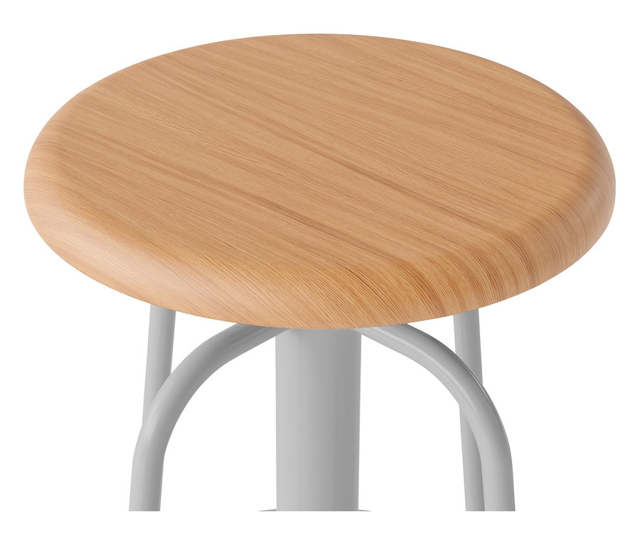 Detail drevenej stoličky s bielou kovovou konštrukciou.