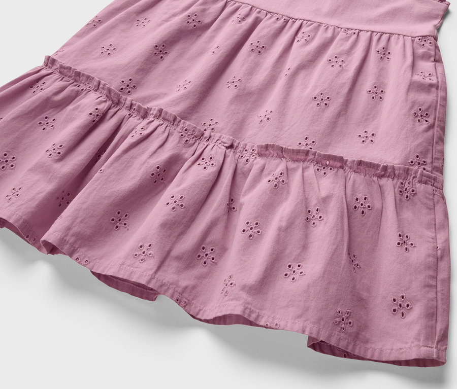 Detail ružových detských šiat s kvetinovou výšivkou.