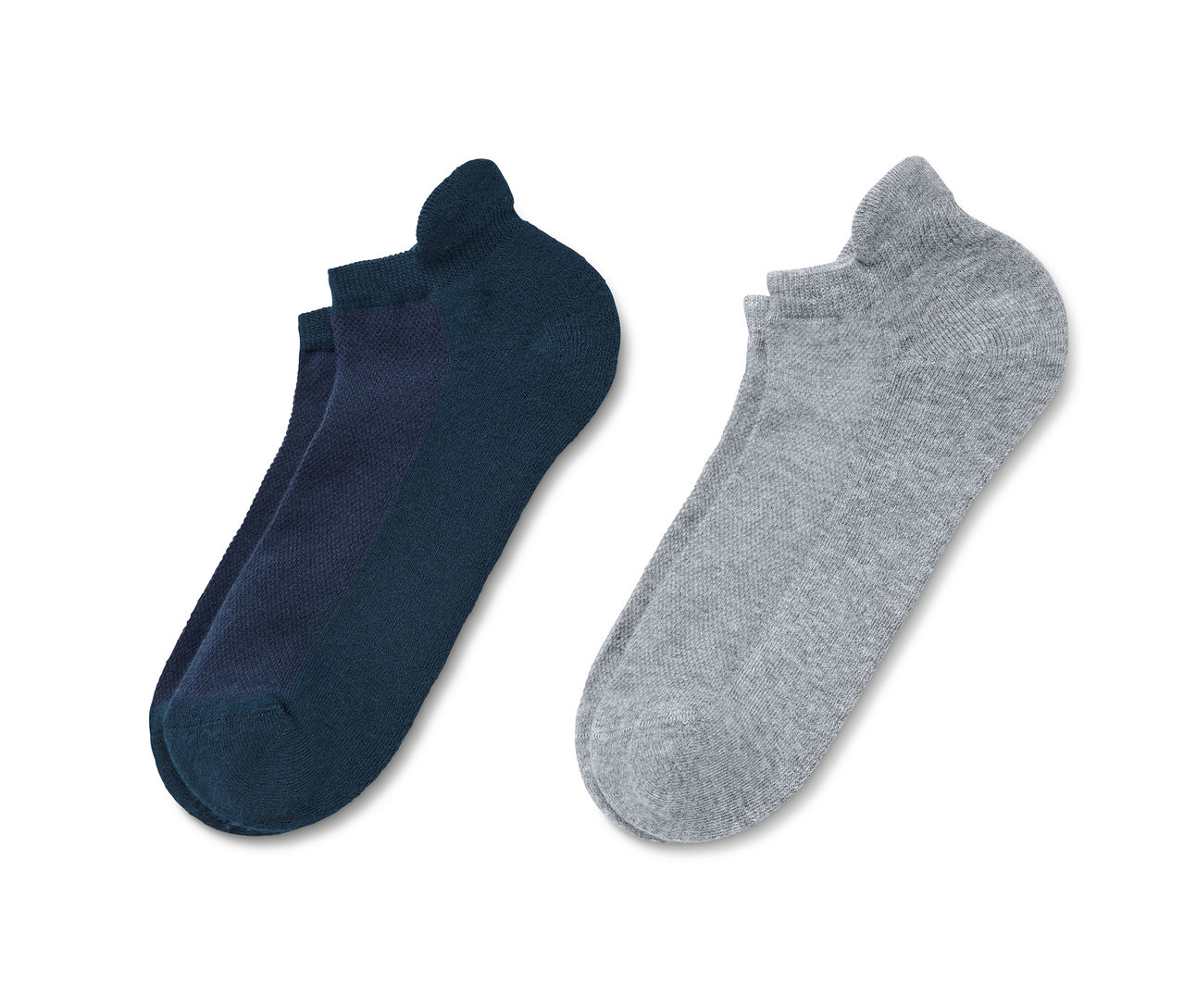 Dva páry krátkych funkčných ponožiek unisex: jeden tmavomodrý a jeden sivý.
