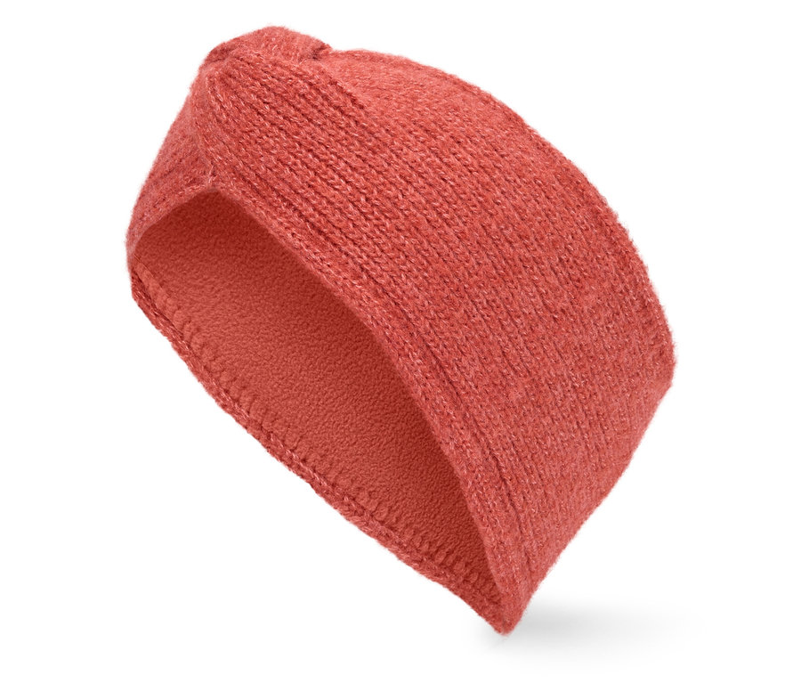 Oranžová pletená čelenka na bielom pozadí.