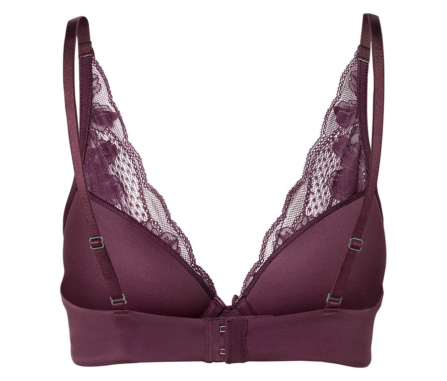 Detailný pohľad na zadnú stranu bordovej podprsenky s čipkou.