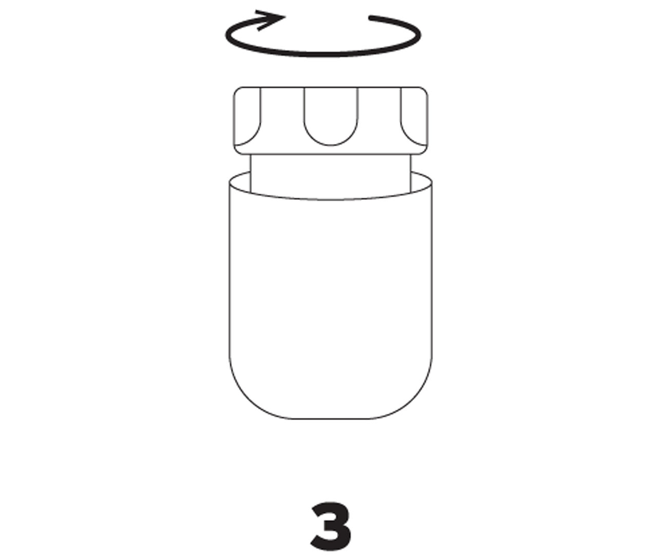 Nákres znázorňuje otáčanie viečka na nádobe s číslom 3 dole.