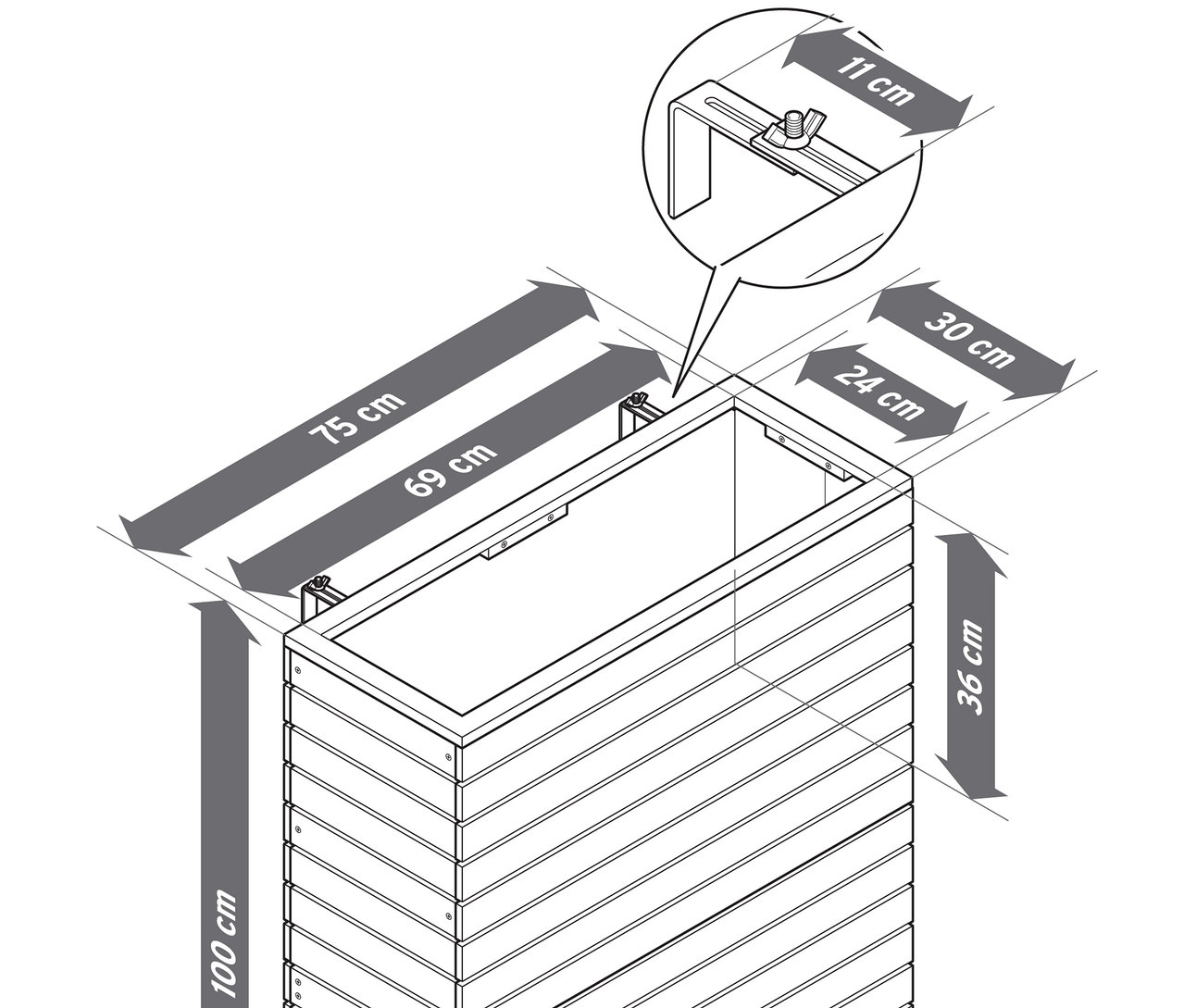 Nákres dreveného kvetináča s rozmermi: výška 100 cm, šírka 75 cm, hĺbka 30 cm.