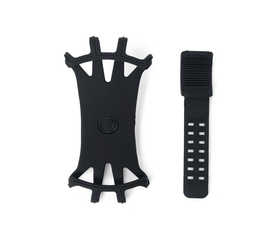 Čierny držiak na smartfón na bicykel a remienok na bielom pozadí.