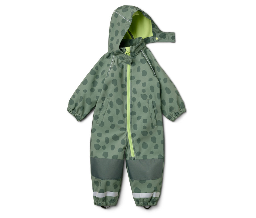 Zelená kombinéza s kapucňou s tmavozelenými škvrnami a neónovo zeleným zipsom na bielom pozadí.