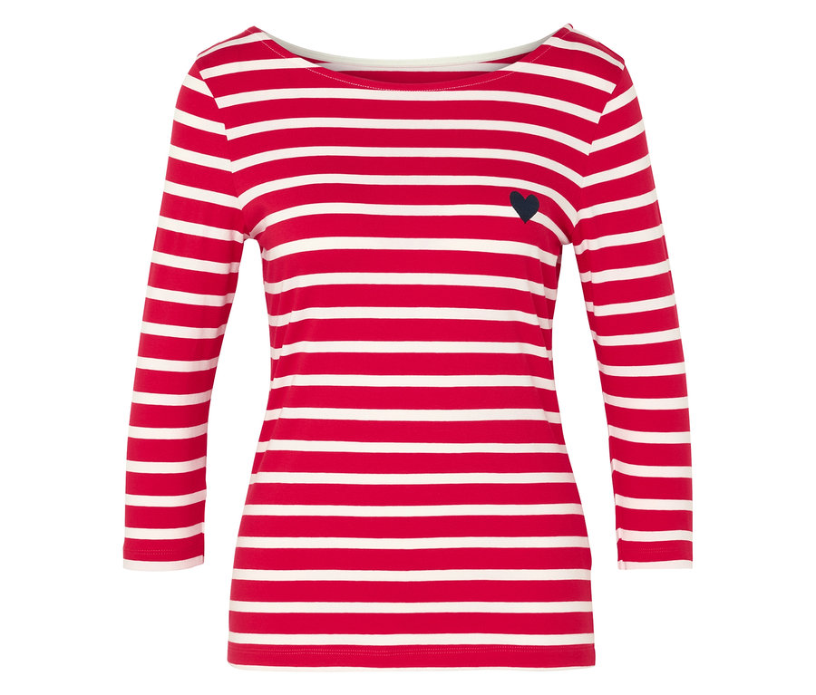 Červeno-biele pruhované tričko s dlhým rukávom a malým čiernym srdiečkom.