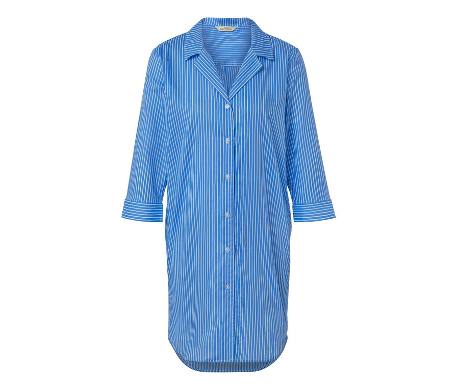 Modro-biela pruhovaná tkaná nočná košeľa s gombíkmi.