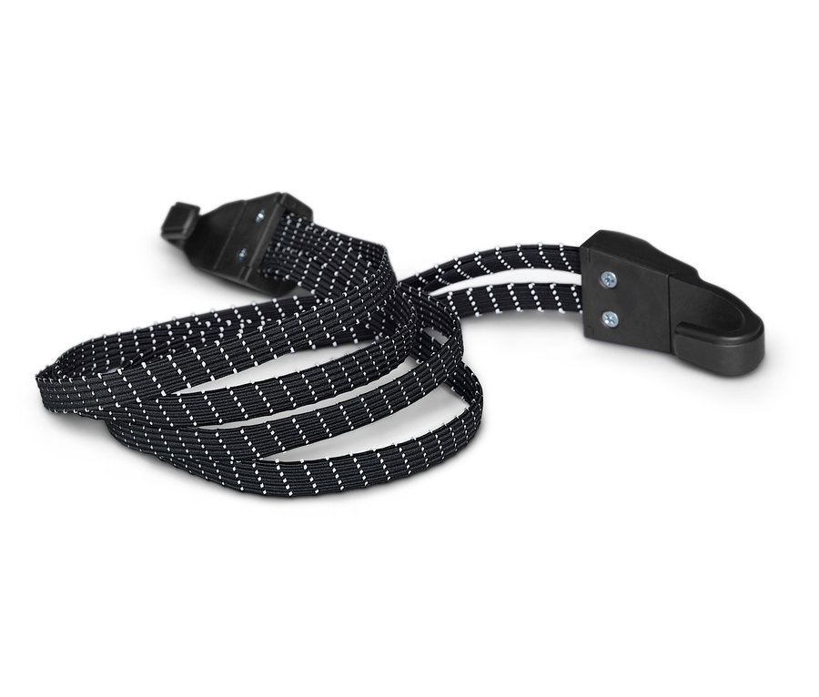 Čierny popruh s bielymi bodkami a čiernymi plastovými sponami na bielom pozadí.