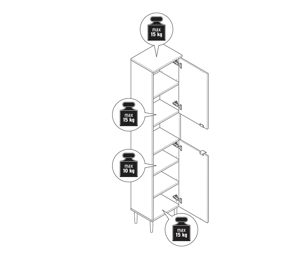 Náčrt vysokej kúpeľňovej skrinky »SONARI« s otvorenými dverami, zobrazujúci maximálne hmotnostné údaje.