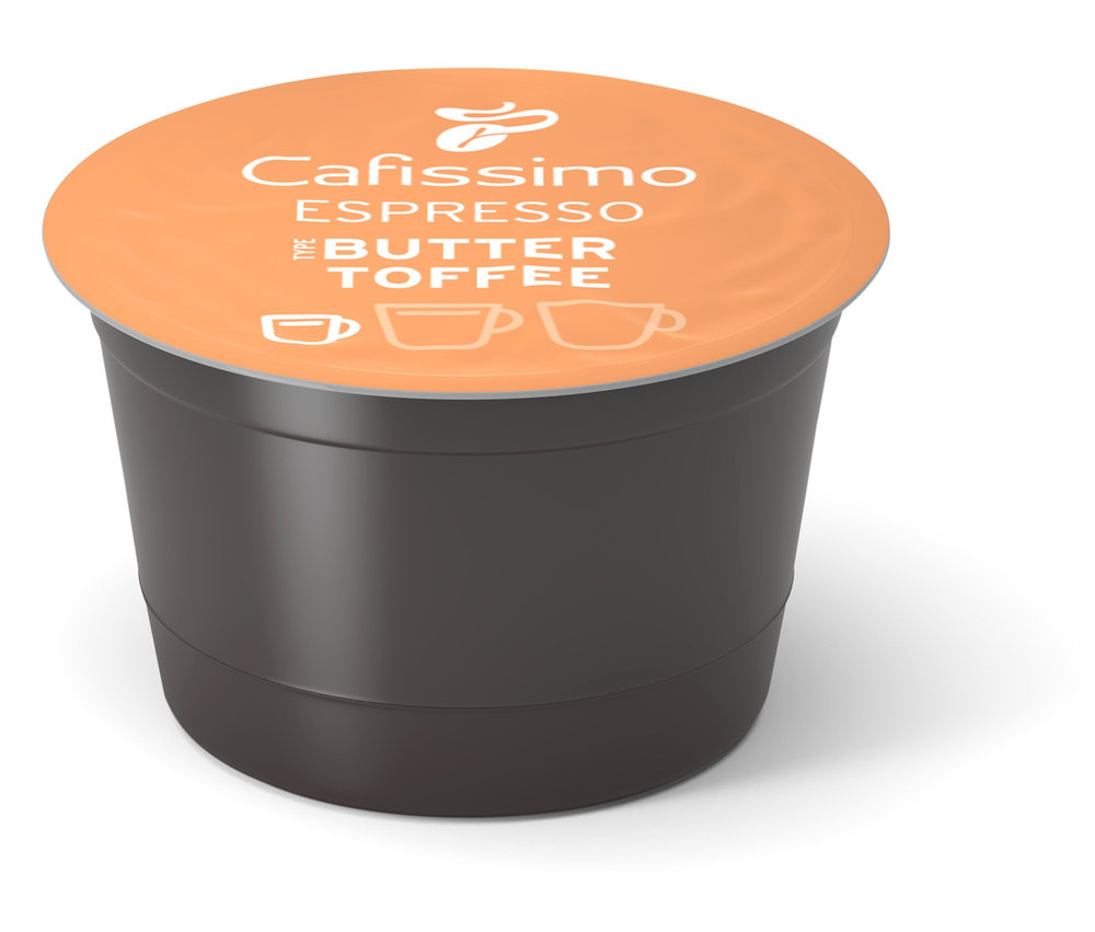 Jedna kapsula Cafissimo Flavoured Espresso - Buttertoffee na bielom pozadí.