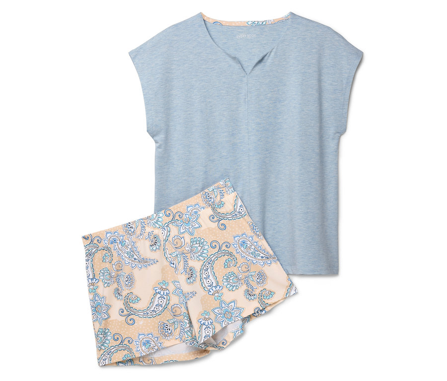 Svetlomodrý pyžamový top a šortky s potlačou labiek ležia na bielom pozadí.