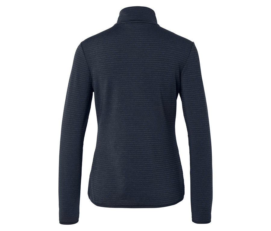 Pohľad zozadu na tmavomodrú flísovú bundu s dlhým rukávom a stojačikom.