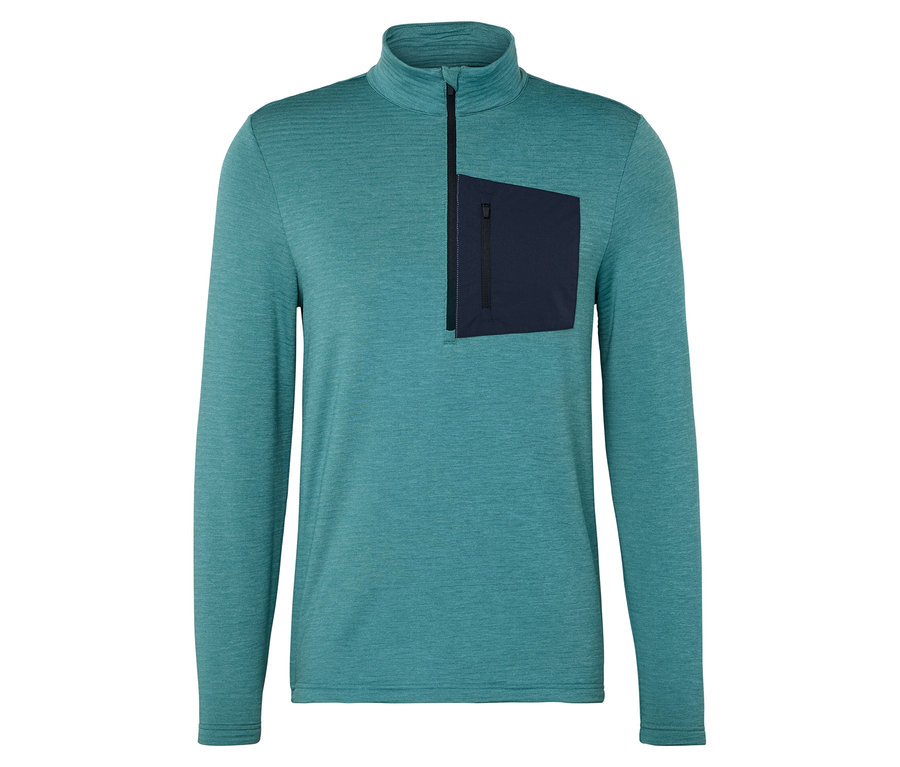 Tyrkysové melírované tričko s dlhým rukávom, krátkym zipsom a tmavomodrým vreckom na ľavej strane hrudi.