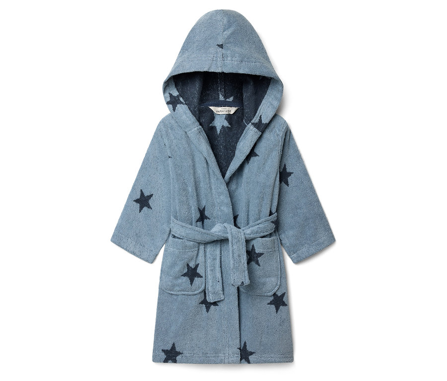 Modrý župan s hviezdicovým vzorom a kapucňou leží na bielom pozadí.