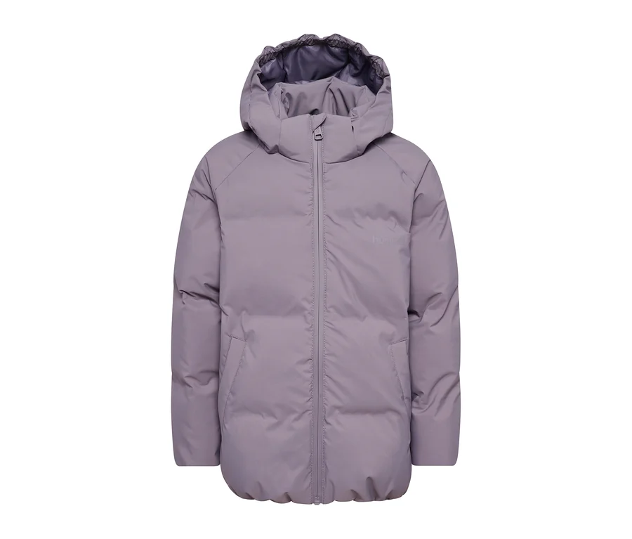 Fialová páperová bunda hummel® »HMLJR All Weather Puffer Jacket« s kapucňou, zipsom a vreckami.