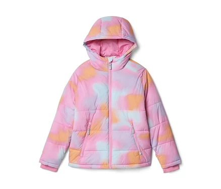 Detská prešívaná bunda s kapucňou, s farebným tie-dye vzorom v odtieňoch ružovej, svetlomodrej, oranžovej a fialovej, s ružovým zipsom.