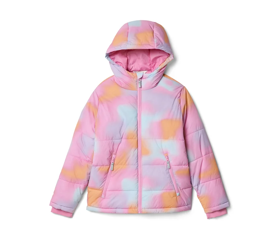 Detská prešívaná bunda s kapucňou, s farebným tie-dye vzorom v odtieňoch ružovej, svetlomodrej, oranžovej a fialovej, s ružovým zipsom.