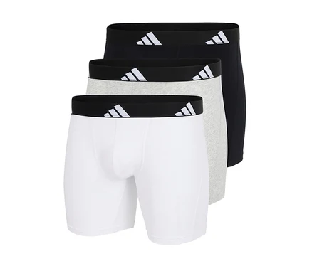 Tri boxerky adidas Active Flex Cotton v bielej, sivej a čiernej farbe, s čiernym pásom a bielym logom adidas.