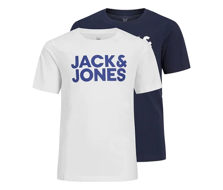 Dve tričká s logom Jack&Jones Corp, jedno biele s modrým logom a jedno tmavomodré, položené na sebe.