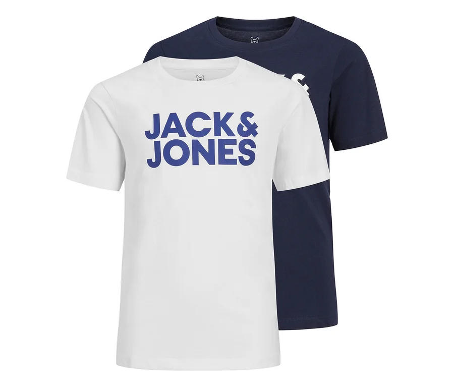 Dve tričká s logom Jack&Jones Corp, jedno biele s modrým logom a jedno tmavomodré, položené na sebe.