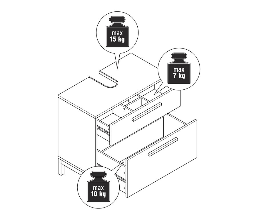 Nákres svetlosivej skrinky pod umývadlo »Eklund« s 2 zásuvkami, z ktorých jedna je otvorená.