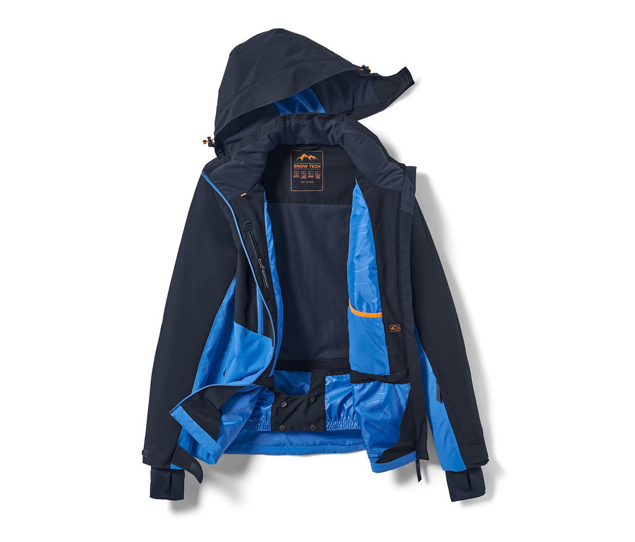 Otvorená modrá lyžiarska bunda s kapucňou.