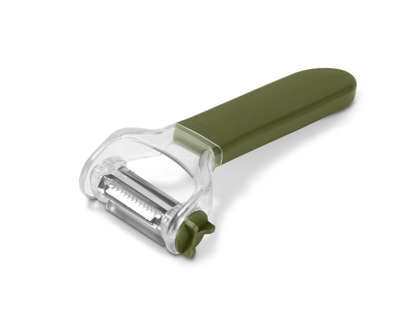 Zelená univerzálna škrabka 3 v 1 leží na bielom pozadí.