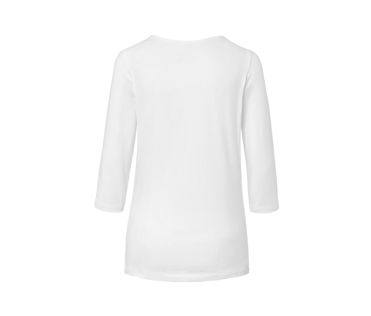 Pohľad zozadu na biele tričko s trojštvrťovými rukávmi.