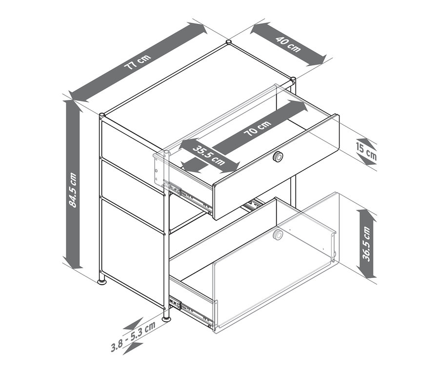Nákres kovovej komody »CN3« s 3 zásuvkami s rozmermi.