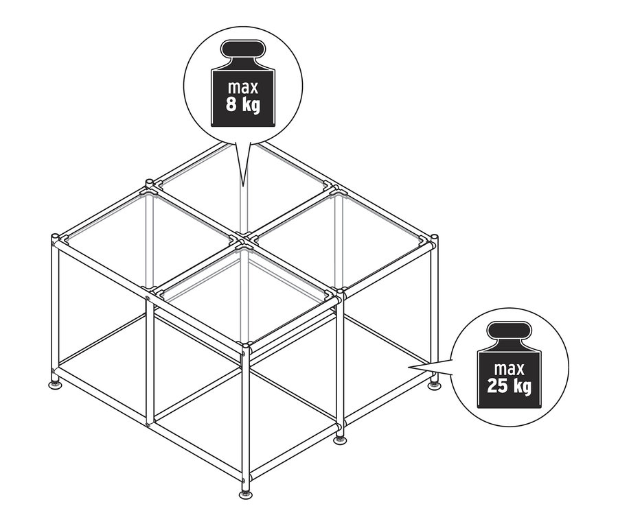Diagram konferenčného stolíka na kolieskach »CN3«, maximálna nosnosť hornej časti je 8 kg, maximálna nosnosť spodnej časti je 25 kg.
