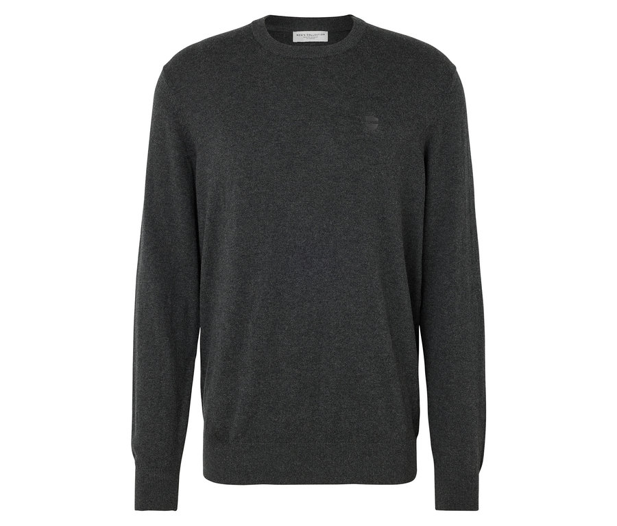 Tmavosivý pletený sveter s dlhými rukávmi a okrúhlym výstrihom.